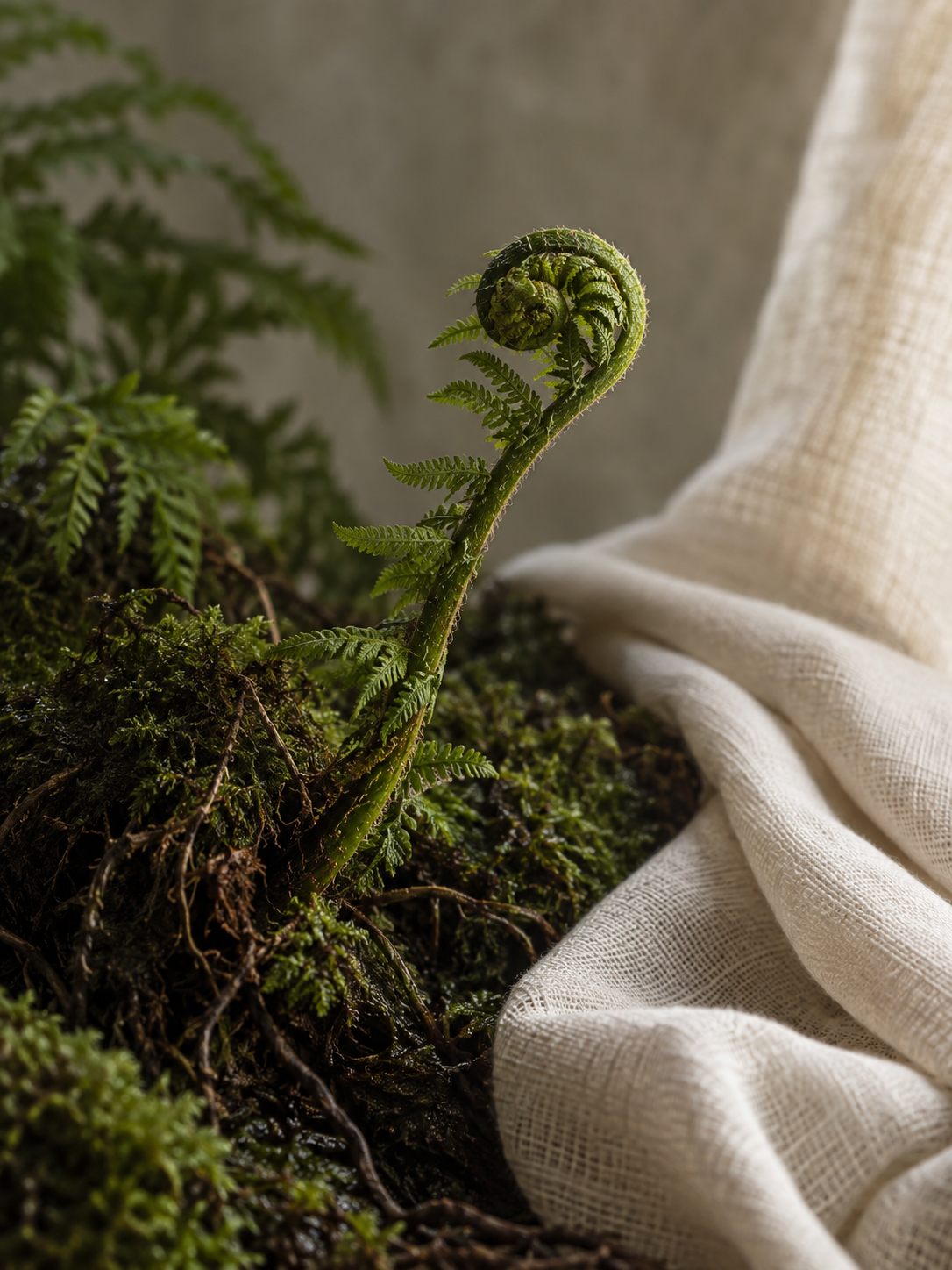 A delicate fern unfurling above moss beside softly folded natural linen